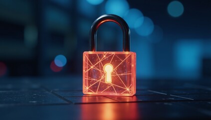 A cybersecurity-themed image showcases a glowing padlock on tech background with room for text glow polygon padlock  tech backdrop