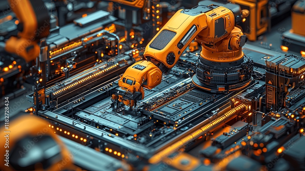 Poster orange robotic arm constructing futuristic components in an advanced 3d factory setting