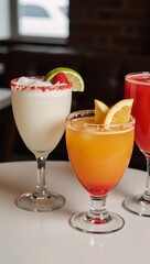 Group of colorful cocktails in a restaurant setting classic strawberry  mango margaritas