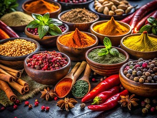 Fototapeta premium Aromatic Spice & Herb Frame on Dark Background - Culinary Stock Photo