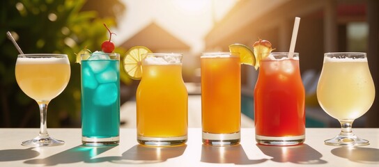 Fototapeta premium A vibrant lineup of tropical holiday cocktails against a backdrop bathed in hard-shadowed sunlight