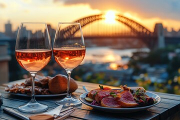 Rooftop sunset ros?, harbour bridge, dinner