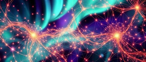 Fototapeta premium Cosmic Data Flow - Neon Aurora Constellation in Art Nouveau Style