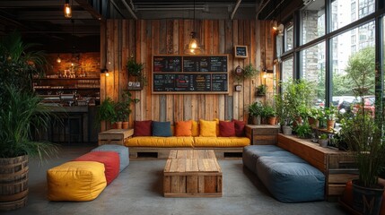 Cozy Urban Cafe with Rustic Decor and Abundant Indoor Greenery Featuring a Wooden Interior and Large Street-Facing Windows Allowing Natural Light