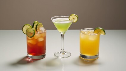 Fototapeta premium Three cocktails with lime wedges salt rims