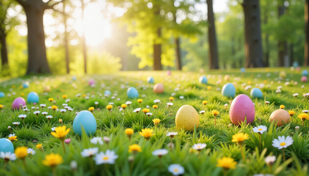 Colorful Easter eggs on spring meadow in sunny forest
