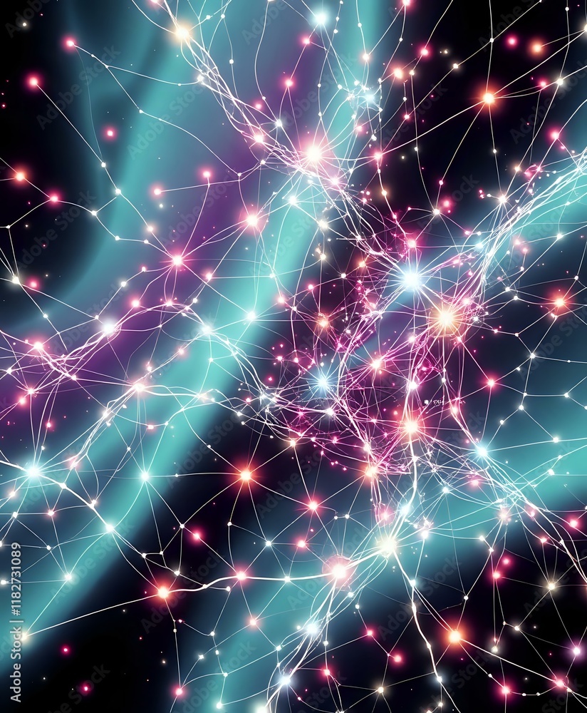 Poster dynamic data cosmos: interconnected auroras in cybernetic art nouveau style