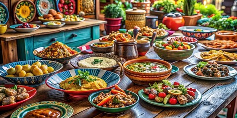 Fototapeta premium Authentic Restaurant Food: Diverse Dishes on a Table Setting