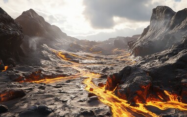 A volcanic terrain with flowing lava streams and rugged rocks in a generated procedural landscape.