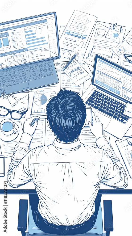Poster illustration of a professional analyzing data on multiple screens in busy workspace