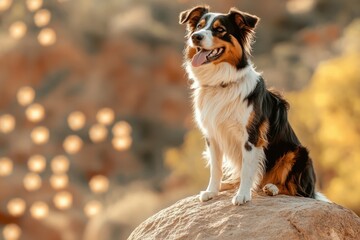 an Australian Shepherd sitting on top of a rock, side view, with a happy expression, against a beautiful natural background, captured in natural light Generative AI