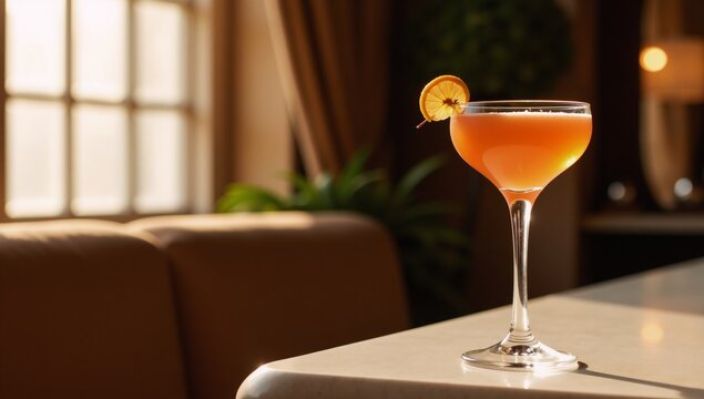 A photorealistic image featuring an orange cocktail in an opulent orange-themed setting