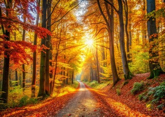 Autumn Forest Path: Golden Sunlight Through Fall Trees - Stock Photo