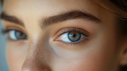 Fototapeta premium Close-up of a young woman's blue eyes and freckles.