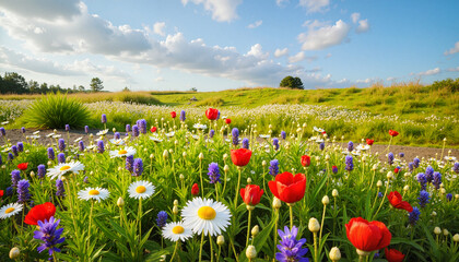 Obraz premium Colorful wildflowers blooming in sunny meadow landscape