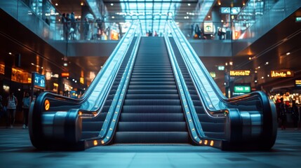 Majestic View of a Modern Airport Terminal Hallway Featuring an Illuminated Escalator Leading to an Upper Level with Shoppers and Travelers Engaging in Their Activities