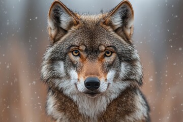 Fototapeta premium Close-up Image of a Majestic Wolf in the Wild Captured During a Gentle Snowfall, Showcasing Its Intense Gaze and Distinctive Fur Pattern in an Untamed Natural Habitat