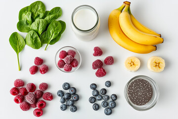 Flat lay of smoothie ingredients on white background