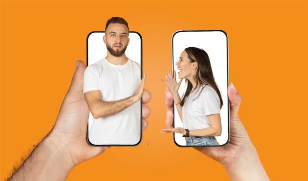 A couple interacts through their smartphones, showcasing the modern way of staying connected. Their expressions reflect the love and affection they share, even while apart.