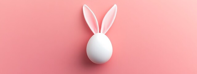 white mockup egg with bunny rabbit ears isolated on pink background, Easter spring holiday concept, minimalist style, top view, flat lay, copy space, blank template egg for design