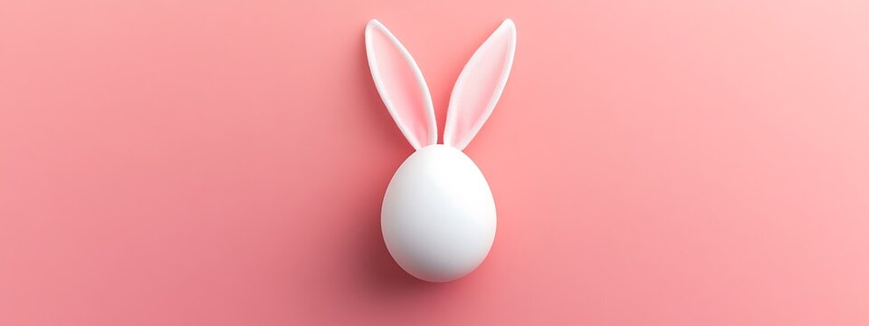 white mockup egg with bunny rabbit ears isolated on pink background, Easter spring holiday concept, minimalist style, top view, flat lay, copy space, blank template egg for design