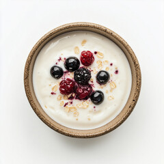 Small bowl of Greek yoghurt, top view, white background