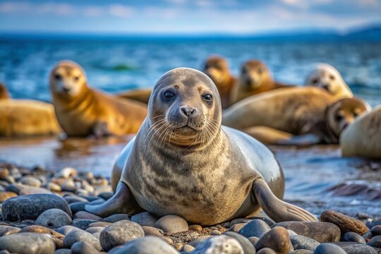 Baikal Seal Nerpa Relaxing on Rocky Shore, Lake Baikal, Russia