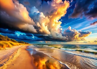 Baltic Sea Beach Landscape: Cloudy Sky, Sandy Shore, Copy Space Left