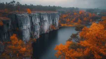 Fototapeta premium Autumnal quarry lake, misty forest backdrop, scenic view