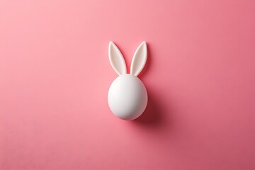 white mockup egg with bunny rabbit ears isolated on pink background, Easter spring holiday concept, minimalist style, top view, flat lay, copy space, blank template egg for design