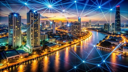 Obraz premium Bangkok Cityscape Network Skyline: Futuristic Digital Connections Over Thailand's Metropolis