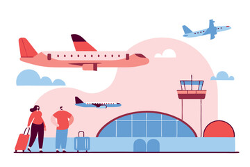 The airport building and the planes flying in the sky. Aviation concept. Vector flat illustration