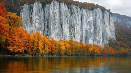 Autumnal river reflecting cliffs & trees