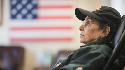 Elderly American veteran woman sitting in a wheelchair with the American flag in the background and space for text. Memorial Day, Veterans Day theme