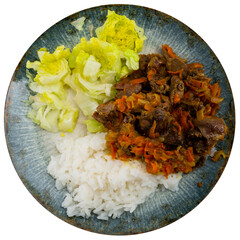 Chicken hearts dish with salad and steamed rice. Isolated over white background