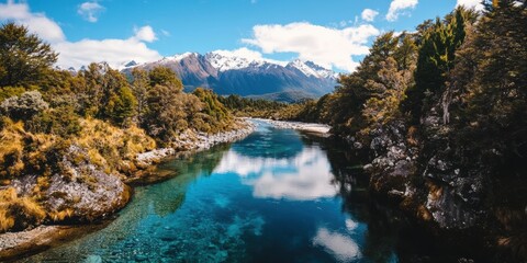 Breathtaking River Meandering through Lush Green Valley with Majestic Mountain Peaks Rising in the Background Capturing Tranquil Natural Beauty