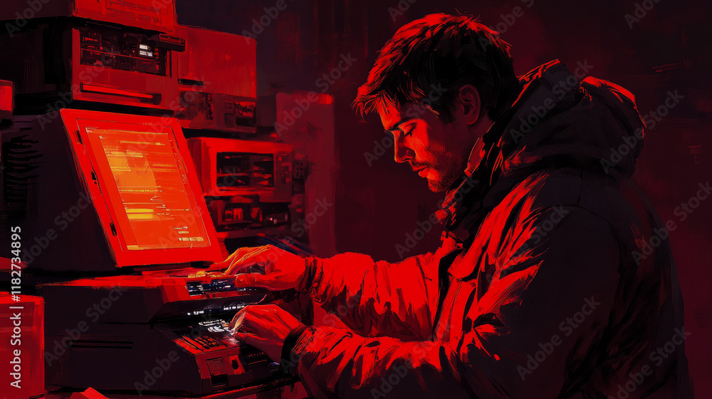 Aufkleber crimson coder: a digital artists depiction of a man working on retro technology in a dark room