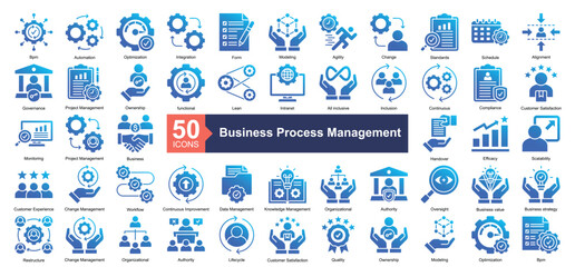 Business Process Management Icon Collection Set.Containing Bpm, Automation, Optimization, Integration, Form, Modeling, Agility, Change, Standards icon. Simple glyph gradient style Vector