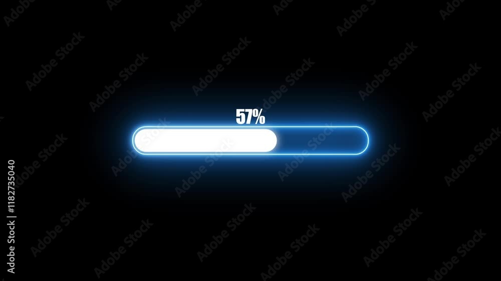 Poster glowing neon blue loading bar with percentage counting from 0 to 100 on black background, showcasing