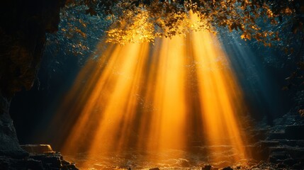 Fototapeta premium Cave sunlight beams, forest backdrop, mystical scene, fantasy art