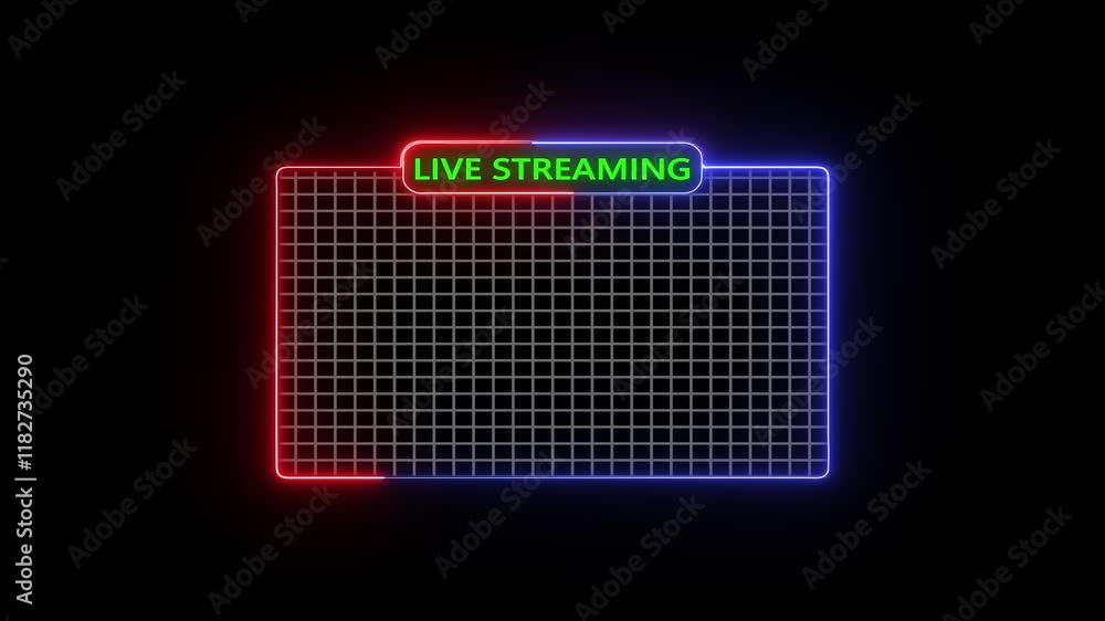 Poster live streaming neon text with frame animation and overlay for gaming streams in 4k.
