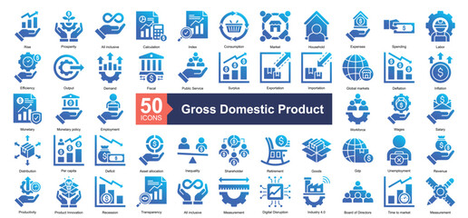 Gross Domestic Product Icon Collection Set.Containing rise, prosperity, all inclusive, calculation, index, consumption, market, expenses icon. Simple glyph gradient style Vector Illustration.	
