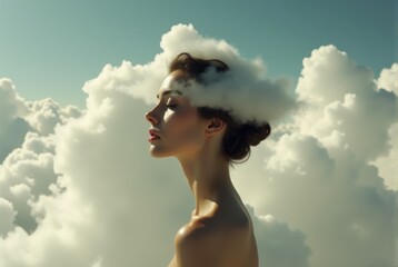 A contemplative woman shrouded in cascading clouds, gazing softly at the horizon, surrounded by a peaceful azure sky.