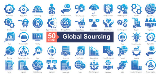 Global Sourcing Icon Collection Set.Containing optimization, supply chain, outsourcing, supplier, cost management, market research, mitigation icon. Simple glyph gradient style Vector Illustration.