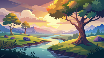   A serene sunrise over a river, highlighting a majestic tree amidst mist and lush greenery. © williamnoah