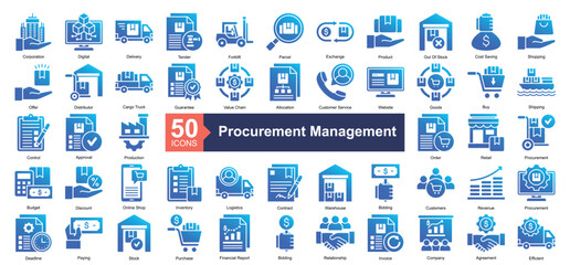 Procurement Management Icon Collection Set.Containing product, shopping, distributor, guarantee, value chain icon. Simple glyph gradient style Vector Illustration.	
