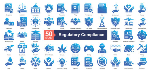 Regulatory Compliance Icon Collection Set.Containing compliance, legislation, governance, risk, policy icon. Simple glyph gradient style Vector Illustration.	
