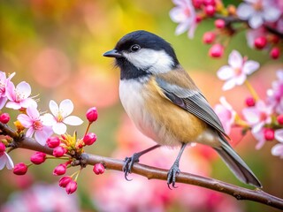 Obraz premium Black-capped Chickadee on Flowering Branch, Spring Bird Wildlife Photography