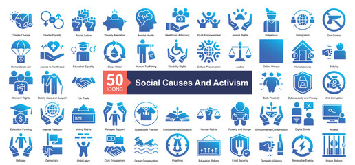 Social Causes and Activism Icon Collection Set.Containing cclimate change, gender equality, racial justice, poverty alleviation, mental health icon. Simple glyph gradient style Vector Illustration.