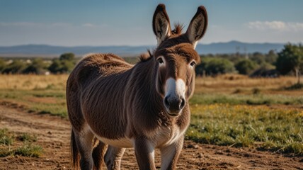 Fototapeta premium Brown donkey standing in a field.